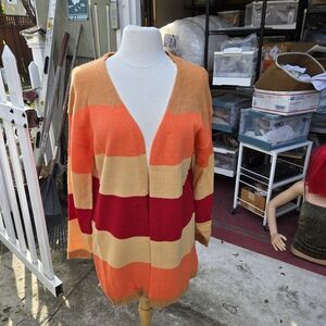 Striped Colorblock Knit Open Front Cardigan Orange Red Tan Size S